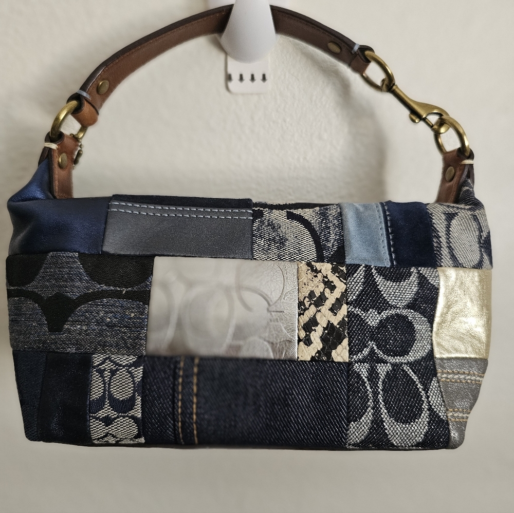 Vintage COACH Mini Patchwork Signature Denim/Metallic Print Handbag - Picture 2 of 7